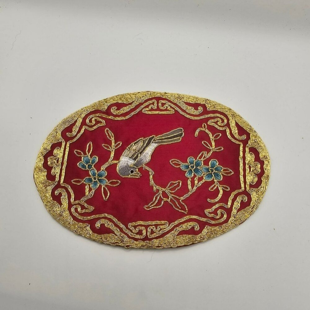 Vintage Oval Hand-Embroidered Bird‎ & Floral Red Silk Decorative Mat